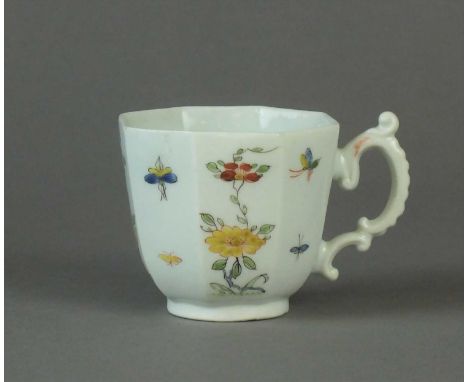 An early Worcester fluted octagonal coffee cup circa 1753-54 painted in polychrome in the Chinese manner with scattered insec
