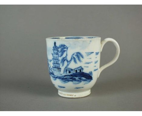 A Caughley coffee cup circa 1790-95 of plain form with loop handle, painted in underglaze blue with the 'Tower' pattern, feat