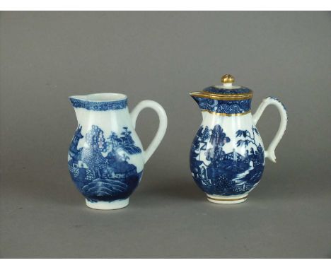 Two Caughley sparrow beak milk jugs circa 1785-90 transfer-printed in underglaze blue with the 'Fenced Garden' and 'Pagoda' p