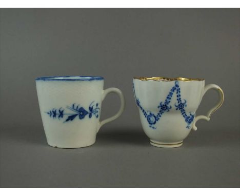 Two Caughley cups circa 1785-90 comprising a cup of bucket form with moulded basket-weave edge, a shortened strap handle with