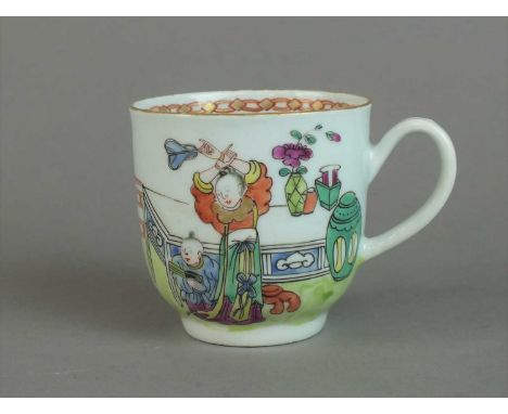 An unusual Worcester coffee cup circa 1768-68 of plain form with grooved handle, enamelled in bright colours with a Chinese f