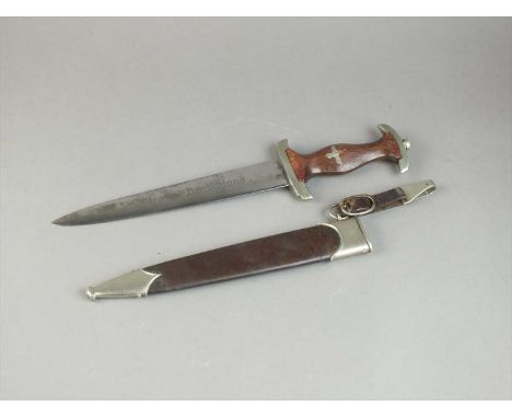 German Third Reich SA dagger with 22cm double-edged blade inscribed 'Alles fur Deutschland', otherwise unmarked, with plated 