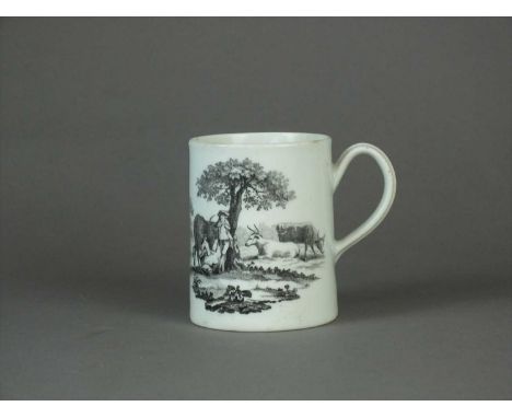 A Worcester 'Rural Lovers' and 'Milking Scene No. 1' pattern cylindrical mug circa 1765-8 transfer-printed in black after an 