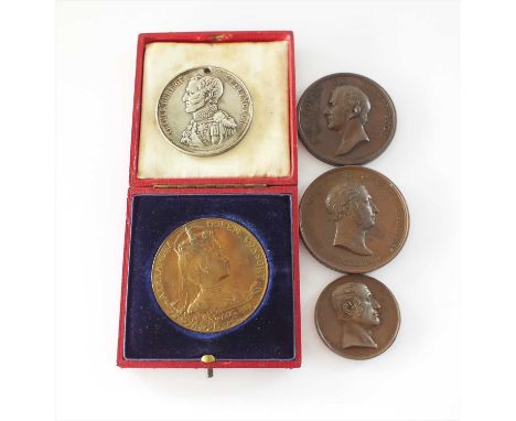 The official 1902 Coronation bronze medal within original case, together with a Duke of Wellington bronze medallion, a Duke o