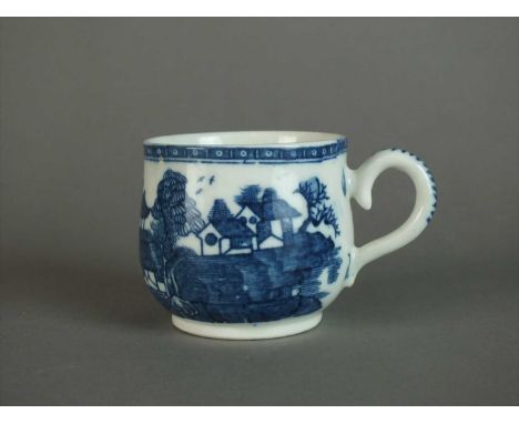 A Caughley custard cup circa 1775-85 transfer-printed in underglaze blue with the Cottage pattern below a cell border, Sx mar