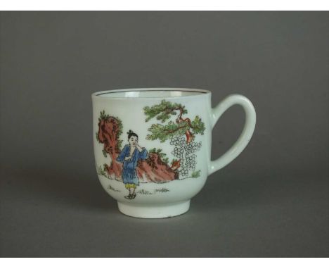 A Worcester coffee cup circa 1762 transfer-printed in black 'The Red Bull' pattern, comprising Chinse peasants in a landscape