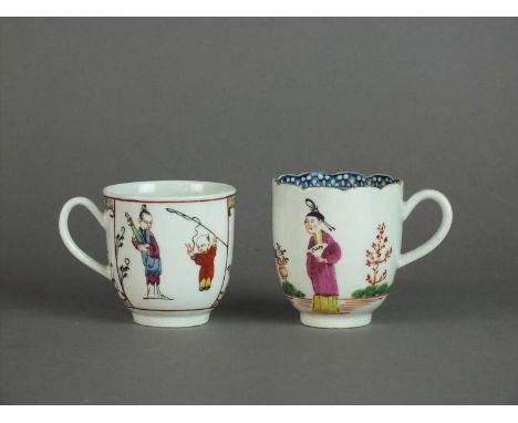 Two Worcester coffee cups circa 1765 of plain form with indented loop handles, painted in polychrome with Chinese figures, si