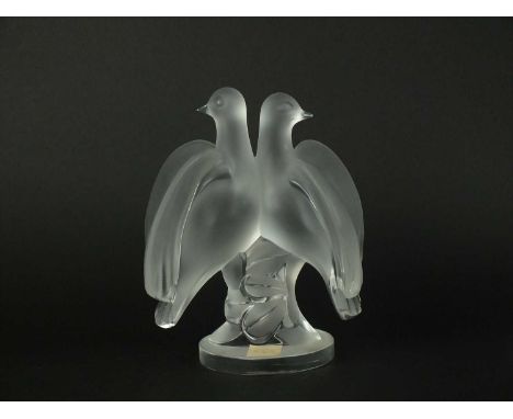 A Lalique Crystal model of 'Ariane' post-war frosted glass, the two turtle doves with wings outstretched, paper label, 22cm h