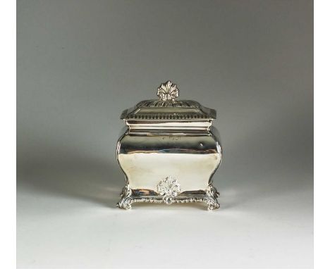 A Victorian silver tea caddy, Thomas Bradbury &amp; Sons Ltd, London 1896, of bombe form with removable cover and raised on f
