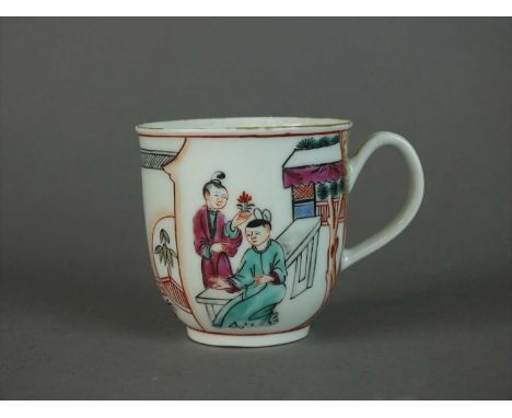 A Worcester coffee cup circa 1770 painted in polychrome enamels in the Chinese style, with two figures seated at a table, a f