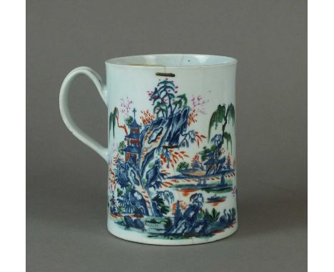 An unusual Worcester outside-decorated and dated mug, dated 1760 of plain cylindrical form with a grooved handle, printed in 