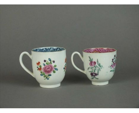 A Caughley coffee cup and a Worcester coffee cup, circa 1760s-80s the first example painted in dry flat enamels with a spray 