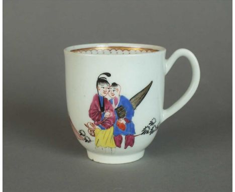 A Worcester coffee cup circa 1765 of plain form with indented loop handle, painted in the Mandarin taste with a young boy poi
