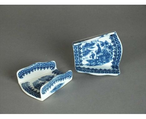 Two Caughley asparagus servers circa 1770 transfer-printed in underglaze blue with the Pleasure Boat pattern between a cell d