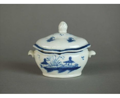 A Caughley toy tureen and cover circa 1785-90 of twin-handled oval form, painted in blue with the Island pattern, unmarked, t