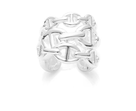 A CHAIN D'ANCRE ENCHAINEE RING, HERMES in sterling silver, formed of three entwined rows of anchor chain links, signed Hermes