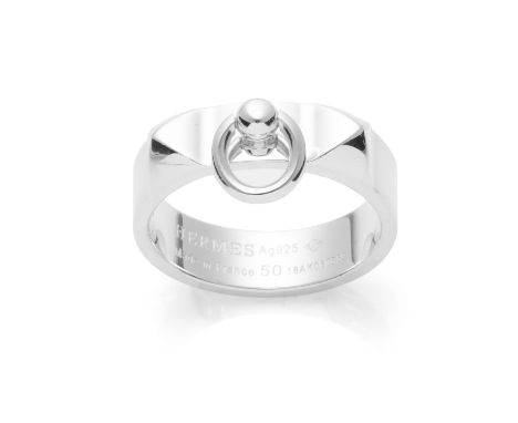 A COLLIER DE CHIEN RING, HERMES in sterling silver, designed as a studded collar with suspended ring, signed Hermes and numbe