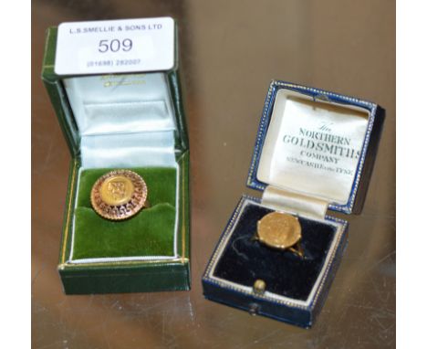 14 CARAT GOLD COIN INSET RING - APPROXIMATE WEIGHT = 4.4 GRAMS &amp; 9 CARAT GOLD RING - APPROXIMATE WEIGHT = 4 GRAMS     
