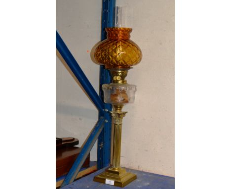 BRASS COLUMNED PARAFFIN LAMP ON STEPPED BASE WITH ORANGE GLASS SHADE &amp; GLASS FUNNEL     