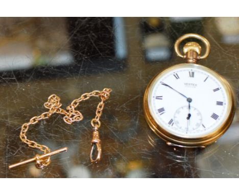 9 CARAT GOLD POCKET WATCH CHAIN - APPROXIMATE WEIGHT = 8.6 GRAMS &amp; VERTEX GOLD PLATED POCKET WATCH