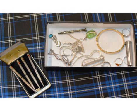 CASED SET OF 4 STERLING SILVER PENCILS, ASSORTED SILVER JEWELLERY, YELLOW METAL BANGLE ETC     