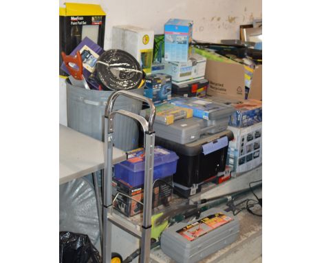 LARGE QUANTITY OF VARIOUS BOXED ITEMS, VARIOUS TOOLS, TOOL BOXES, GARDEN ACCESSORIES, HOUSEHOLD ACCESSORIES, POWER TOOLS ETC 