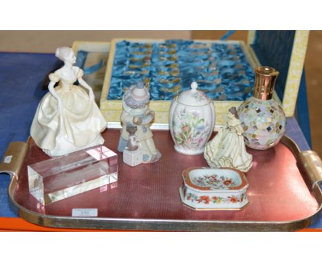 TRAY WITH LLADRO CLOWN FIGURINE, COALPORT FIGURINE, DESK WEIGHT ETC     