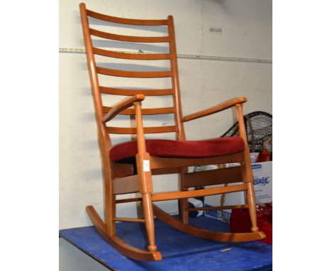 TEAK FINISHED LADDER BACK ROCKING CHAIR     