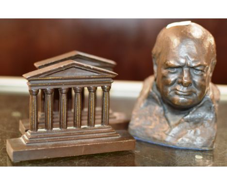 PAIR OF NOVELTY BRONZE COLUMNED BOOKENDS &amp; BRONZED CHURCHILL BUST DISPLAY