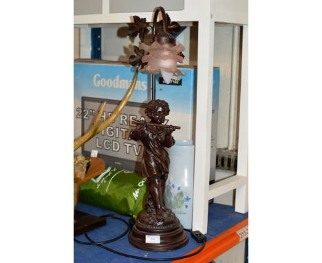 BRONZE EFFECT FIGURINE LAMP WITH GLASS SHADE     