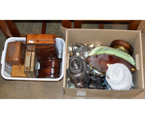 2 BOXES WITH VARIOUS DECORATIVE TRINKET BOXES, EP TEAPOT, CARLTON WARE DISHES, ASSORTED CUTLERY, SMALL BAROMETER ETC     