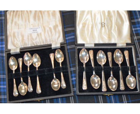 CASED SET OF 6 STERLING SILVER CELTIC STYLE SPOONS &amp; 1 OTHER SET OF 6 SILVER SPOONS     