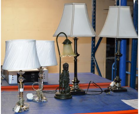 2 PAIRS OF MODERN LAMPS &amp; BRONZE EFFECT FIGURINE TABLE LAMP     