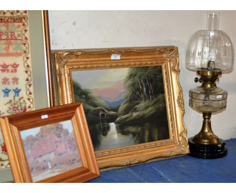 2 GILT FRAMED PICTURES &amp; PARAFFIN LAMP WITH GLASS SHADE &amp; FUNNEL     