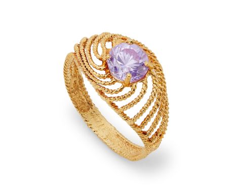 Centring a round-shape purple cubic zirconia, to an openwork twist bombe surround, ring size M.Weight approx. 2.5g. Metal aci