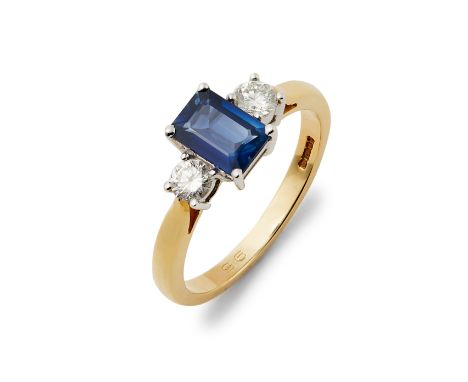 Centring an emerald-cut sapphire flanked by round brilliant-cut diamonds, hallmarked London 2004, total diamond weight approx