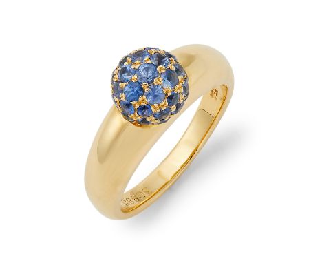 Centring a pave-set sapphire sphere to a tapered shank, signed Poirary, numbered 30880, bearing French assay marks, stamped 7