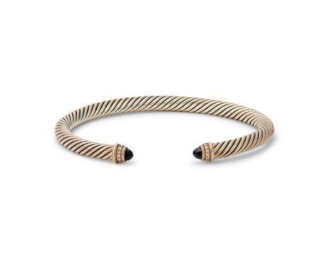 The rope-twist bangle to banded terminals set with faceted onyx and round brilliant-cut diamonds, signed D.Y 925, total diamo