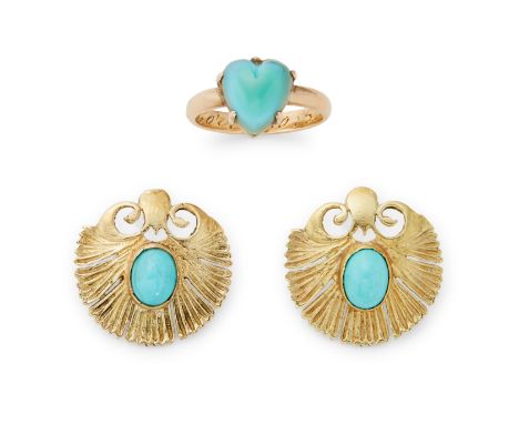 Each designed as a pair of stylised shells, centring oval-shape cabochon reconstituted turquoise, fitted posts, length 2cm, t