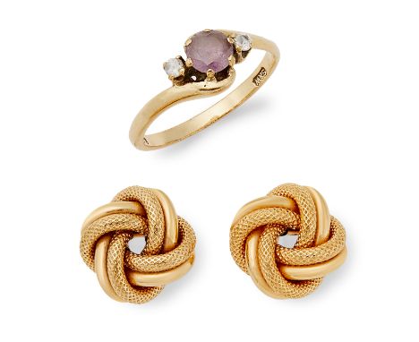 Each designed as knots, fitted posts, stamped 375, length 1.3cm, together with a 9ct gold pink sapphire and paste three stone