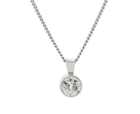 The old-cut diamond, bezel set, to a fine curb-link chain stamped 750, diamond weight approx. 1.00ct, estimated colour K-L, e