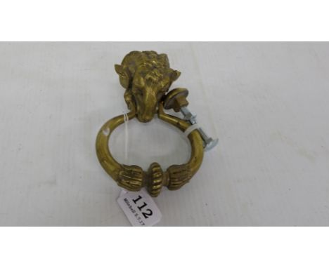 Antique brass door knocker featuring ram's head (stamped GK4) 6" high