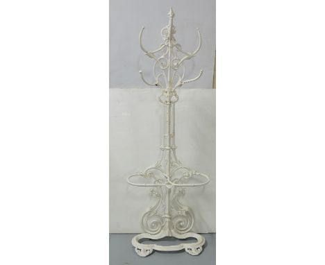 Late 19thC Wrought Iron Coat and Stick Stand, painted white, 69”h x25”w