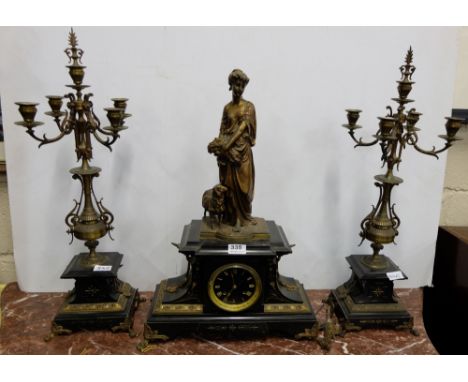 19thC 3-piece black marble based Clock Set, including a brass dial clock mounted with figure of a harvest goddess with sheep 