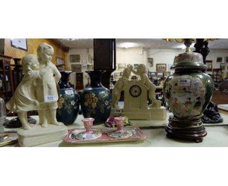 Pair Doulton Vases (1 rim chipped), modern Japanese table lamp, 2 plaster figures, roses, & pair low candlesticks etc