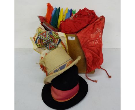 Vintage Fancy Dress Clothing – clown, straw hats, colour feathers, red leather shoes etc (includes a box & a shelf)