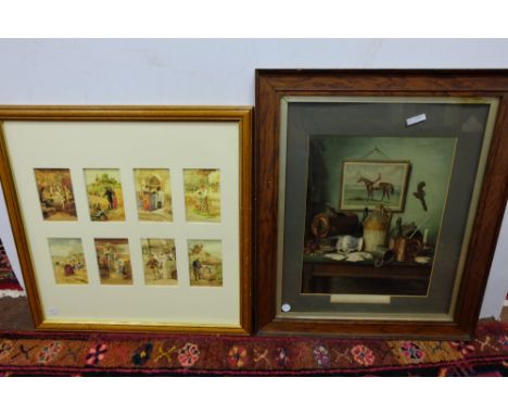 4 pictures – incl 2 prints of London buildings, print with various religious sayings & country interior print (4)