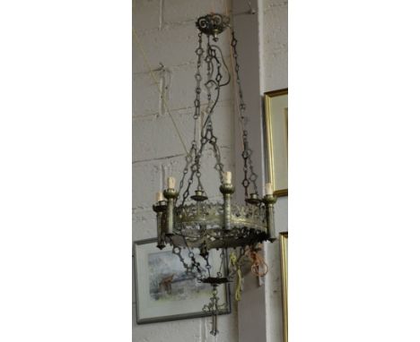 19thC Brass Hanging Ceiling Lamp, with ecleastical  features including a crucifix hanging finial, 4ft drop