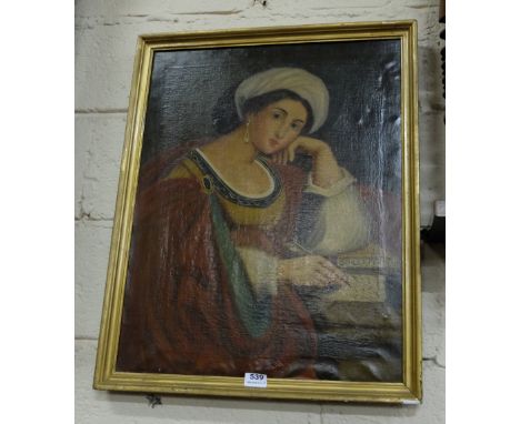 19thC Oil on Canvas, portrait of a female Persian scholar, wearing a red cloak, 27” x 22”, in a later gilt frame