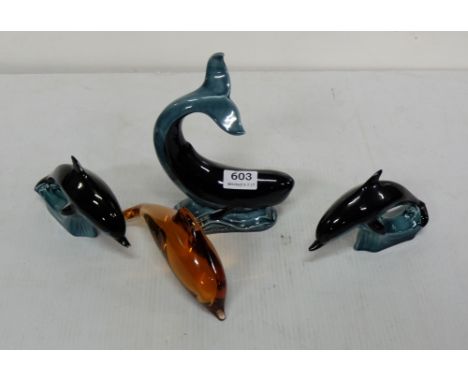 3 Poole pottery Dolphin Ornaments and a similar brown glass Dolphin Ornament (4)